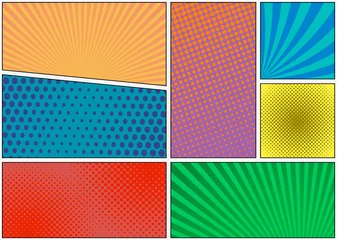 Foto op Plexiglas Comic book page template with radial halftone effects and rays in pop-art style. Colorful empty background. Vector illustration © kasheev
