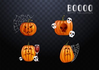 Halloween pumpkins in vector with set of different faces for icons and decorations in dark background. Vector illustration.