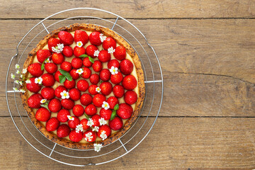 French strawberry tart spread with wild strawberry leaves and flowers on a stainless cooling rack on an oak wood background. Flat Lay, top view with copy space.