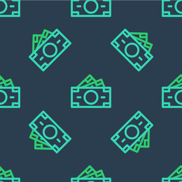 Line Stacks paper money cash icon isolated seamless pattern on blue background. Money banknotes stacks. Bill currency. Vector