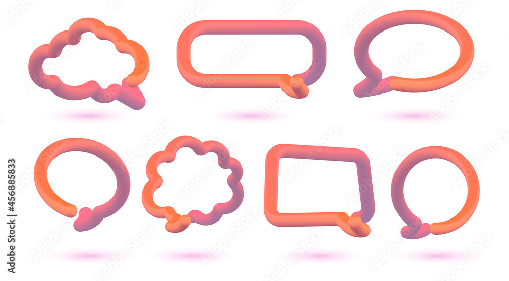 Poster set of 3d talking cloud with decorative gradients shapes. isolated speech bubble. sticker for social