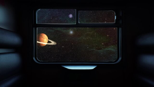 Train Space Travel Window View Space Planets. Empty train traveling through space in fast speed. View of the planets from interior window