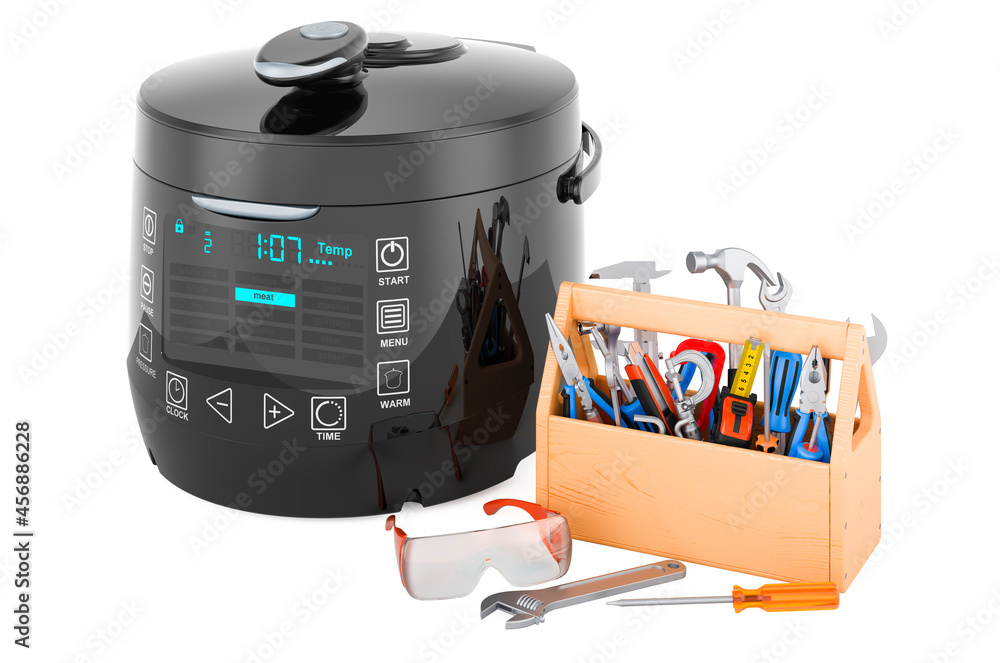 Poster multicooker with toolbox. repair and service of automatic multicooker, 3d rendering