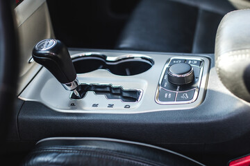 manual gearbox in car, test drive of new automobile, closeup