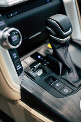 Fototapeta na wymiar manual gearbox in car, test drive of new automobile, closeup