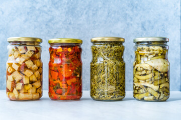 Preserved Vegetables Samphire, Artichoke, Broad Beans, Roasted Red Pepper and Dried Tomatoes in Glass Jar.