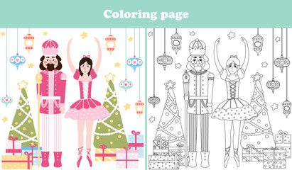 Christmas coloring page with cute nutcracker character and ballerina in cartoon style, printable worksheet for kids