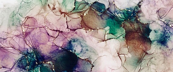 Naklejka premium Fluid art painting with alcohol ink, luxury abstract background, hand draw wallpaper for print, liquid texture with soft golden veins