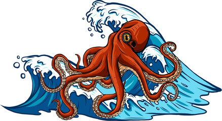 Vector illustration of a cartoon octopus on sea - 456889226