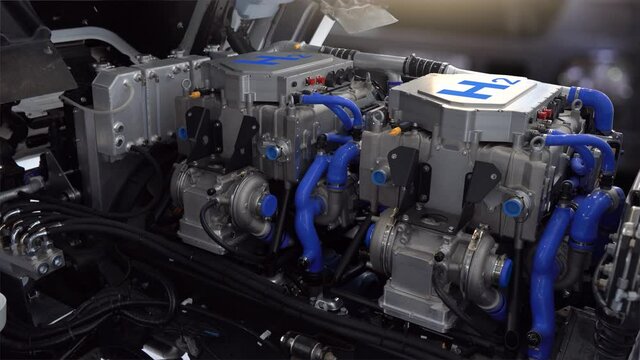Fuel cell hydrogen truck engine. Eco-friendly commercial vehicle
