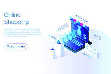 Online shopping or e-commerce isometric vector illustration. Internet store checkput procedure concept with laptop and bag. Credit card payment transaction via app. Eps 10 vector illustration.