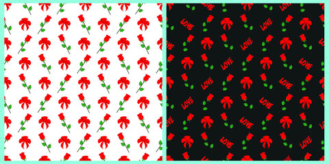 Fototapeta na wymiar Vector set of seamless patterns for Valentine's Day. Bright bows, lettering love and red roses on black and white isolated background. 