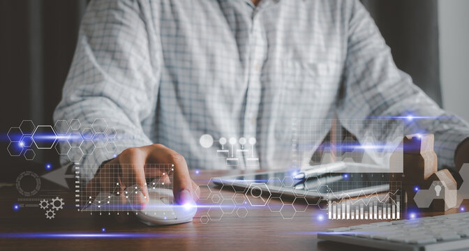 Human using computer technology for digital marketing of statistics level up of graph. business management goal strategy and action plan. Global customer network connection on virtual interface.