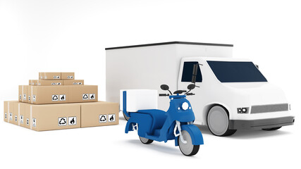 4 wheeler transport vehicle with delivery bike and packing box on white background,car transport,delivery motorcycle,3d rendering