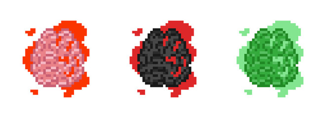 Pixel art bloody brain set. Splatter pixel brains and pool of blood collection. Decorative vector icons for halloween and gamer design. Pixel brains flesh set.
