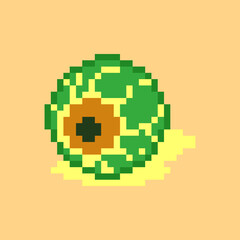 Pixel art green monster eye. Torn out eye in retro 8 bit pixel style illustration. Vector creepy zombie green pixel art eye with pool of yellow liquid blood.
