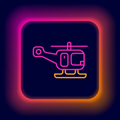 Glowing neon line Rescue helicopter aircraft vehicle icon isolated on black background. Colorful outline concept. Vector