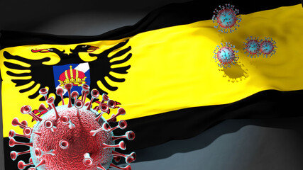 Covid in Bolsward - coronavirus attacking a city flag of Bolsward as a symbol of a fight and struggle with the virus pandemic in this city, 3d illustration