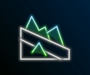 Glowing neon line Mountain descent icon isolated on black background. Symbol of victory or success concept. Colorful outline concept. Vector