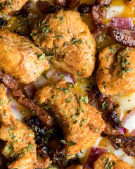 Chicken, cheese and onion with low key composition