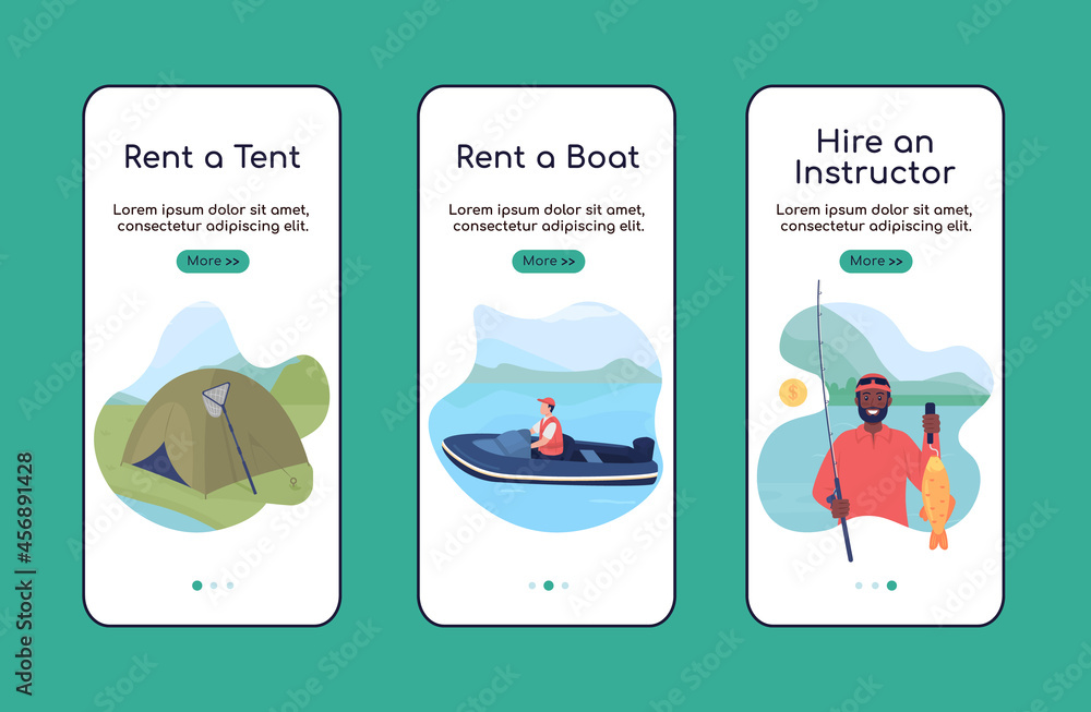 Poster learning to fish onboarding mobile app screen flat vector template. hobby activity. walkthrough webs