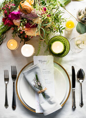 Elegant Restaurant Table Setting Service for Reception with Menu Card