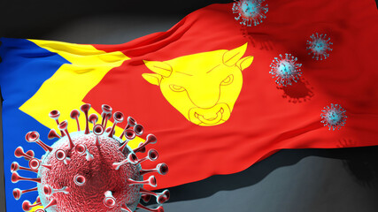 Covid in Birmingham - coronavirus attacking a city flag of Birmingham as a symbol of a fight and struggle with the virus pandemic in this city, 3d illustration
