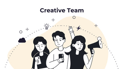 Obraz premium Business team gathered around leader with creative idea. Designer, web developer, pr and marketing specialists teamwork. Thin line art icons collage. Linear vector illustration.
