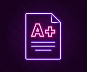 Glowing neon line Exam sheet with A plus grade icon isolated on black background. Test paper, exam, or survey concept. School test or exam. Colorful outline concept. Vector