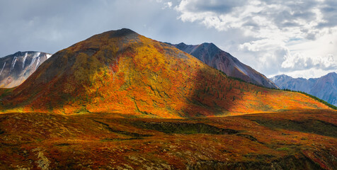 Dramatic golden light and shadow on the rock in autumn steppe. High-altitude plateau of Yeshtykol. Altai Mountains, panoramic view.