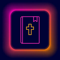 Fototapeta premium Glowing neon line Holy bible book icon isolated on black background. Colorful outline concept. Vector