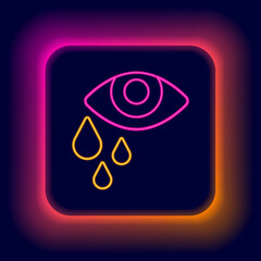 Glowing neon line Tear cry eye icon isolated on black background. Colorful outline concept. Vector