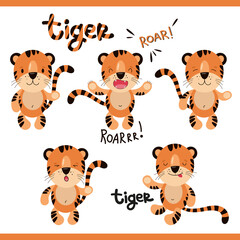 Set of five cute tigers. Cartoon flat illustration isolated on white background. Animal design for posters, banners and greeting cards. 