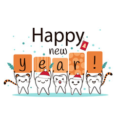 Happy new year. 2022 year of the tiger. Poster with cute smiling cartoon teeth on white background. Stomatology concept. Flat style cartoon character illustration. Dental kids care banner.