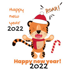 Tiger in Santa Claus's cap with Happy New Year 2022 words. Year of the Tiger. Cartoon cute illustration on white background for posters, banners and greeting cards. 
