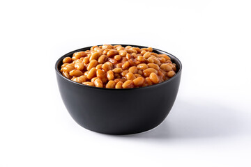 White beans in tomato sauce in bowl isolated on white background