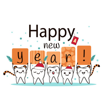 Happy New Year. 2022 Year Of The Tiger. Poster With Cute Smiling Cartoon Teeth On White Background. Stomatology Concept. Flat Style Cartoon Character Illustration. Dental Kids Care Banner.