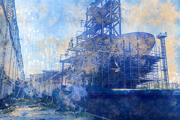 Shipbuilding industry. Shipyard. Construction of the ship on the slipways in the dry dock. A large bulk carrier in front of a blue sky. Digital watercolor painting.