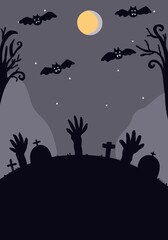 Old and scary cemetery in the dark with tombstones on graveyard and creepy trees on background.suitable for Halloween