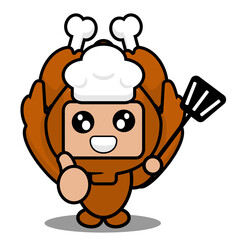 vector illustration of cartoon character mascot costume cute grilled chicken meat chef holding a spatula