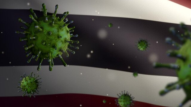 3D, Thai flag waving with coronavirus outbreak infecting respiratory system as dangerous flu. Influenza type Covid 19 virus with national Thailand banner blowing background. Pandemic risk concept-Dan