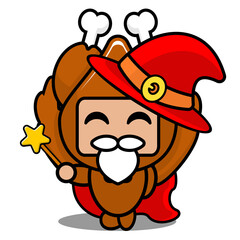 vector illustration of cartoon character mascot costume cute roast chicken meat red witch holding star wand