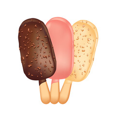 Cool refreshing ice cream or lolly on wooden stick with milk chocolate, pink glaze and chopped hazelnuts isolated on white background. Summertime ready-to-eat frosty food vector illustration for cafe.