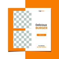 Editable Burger social media design banner template. Yellow background color with stripe line shape. Suitable for social media post and web internet ads.