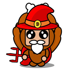 vector illustration of cartoon character mascot costume cute roast chicken meat red witch holding devil wand