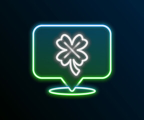 Glowing neon line Casino slot machine with clover symbol icon isolated on black background. Gambling games. Colorful outline concept. Vector