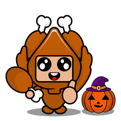 vector illustration cartoon character mascot costume cute roast chicken meat holding chicken thigh and pumpkin in witch hat