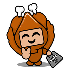 vector illustration of cute roast chicken mascot costume cartoon character holding a sale bag