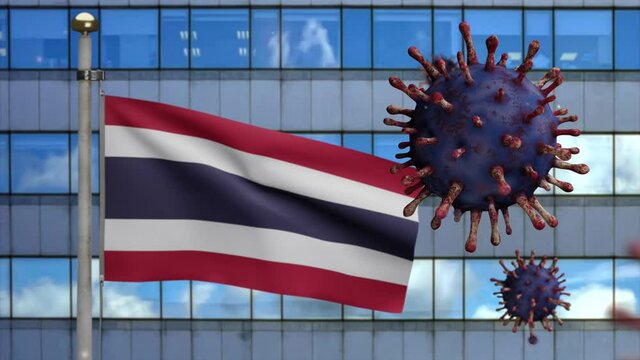 3D, Thai flag waving with modern skyscraper city and coronavirus outbreak as dangerous flu. Influenza type Covid 19 virus with national Thailand banner blowing at background. Pandemic risk concept-Dan