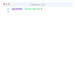 Clojure language Hello World program sample in editor window
